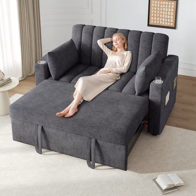 Divano Letto Multifunzione con Schienale Reclinabile, Portabicchiere e Cuscini ¨C MINIMAL ¨C Tessuto