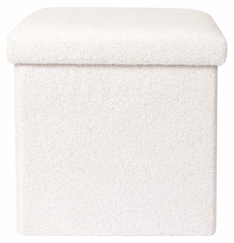Pouf pieghevole, rivestito in bouclé, 38x38x38 cm, altezza seduta 38 cm, colore bianco