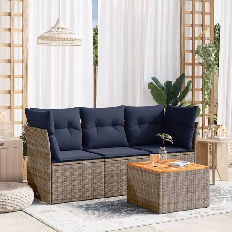 Set di Divani da Giardino vidaXL 4 pz a Forma a L con Tavolino, Polyrattan e Cuscini Blu e Grigio