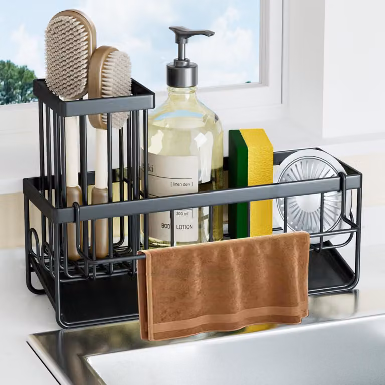 Organizzatore per lavello con scarico, salvaspazio, bianco e grigio, ideale per cucina e bagno