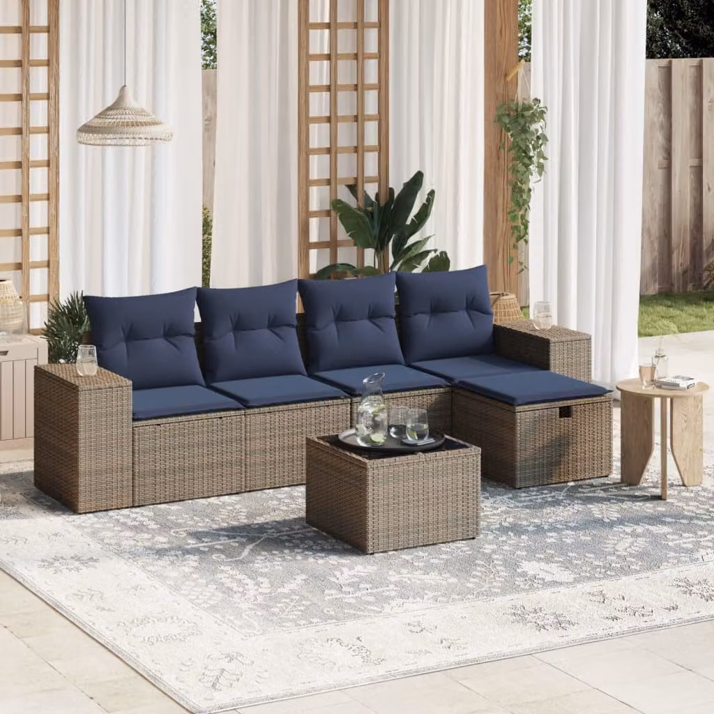 vidaXL Set Divano da Giardino a L 6 pz con Cuscini Blu e Grigio in Polyrattan e Acciaio Verniciato a Polvere – 1