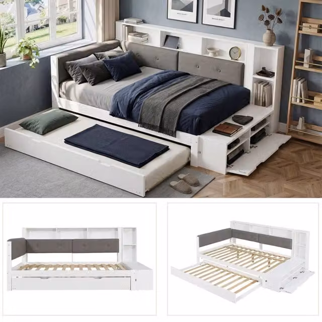 Letto in legno 120x200 cm con letto estraibile 90x190 cm; testiera imbottita e contenitori; bianco e grigio