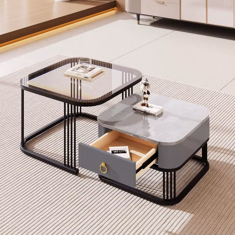 Set di 2 tavolini quadrati, tavolino da salotto lucido con aspetto marmoreo e piano in vetro, tavolino moderno con spazio di archiviazione, per soggiorno, balcone e ufficio, grigio e nero