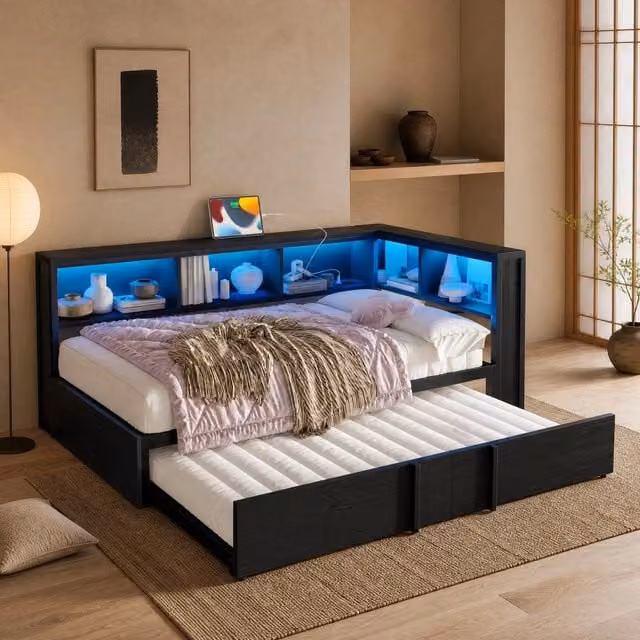 Letto da giorno 90 x 200 cm con letto estraibile; 5 armadietti; LED e USB; nero