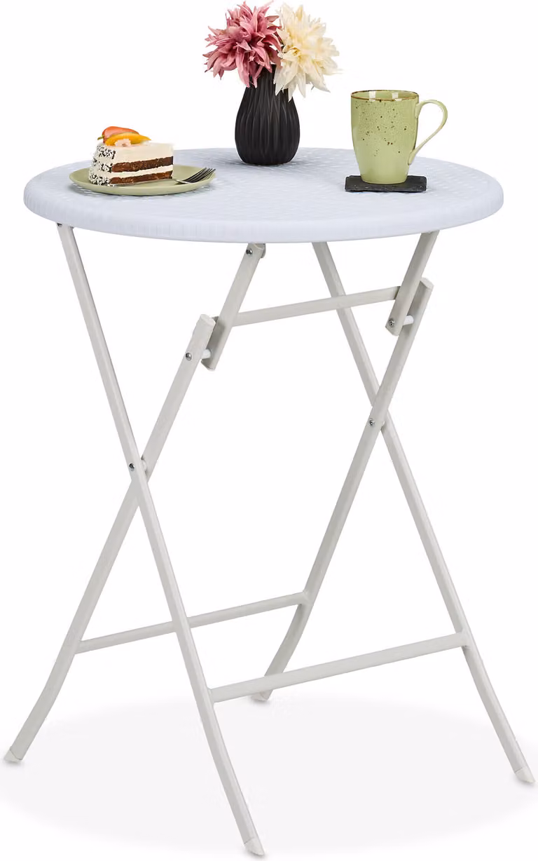 Tavolo da giardino Relaxdays effetto rattan, rotondo, A x P: 75 x 60 cm, tavolo da balcone, plastica e metallo, tavolo da esterno, bianco