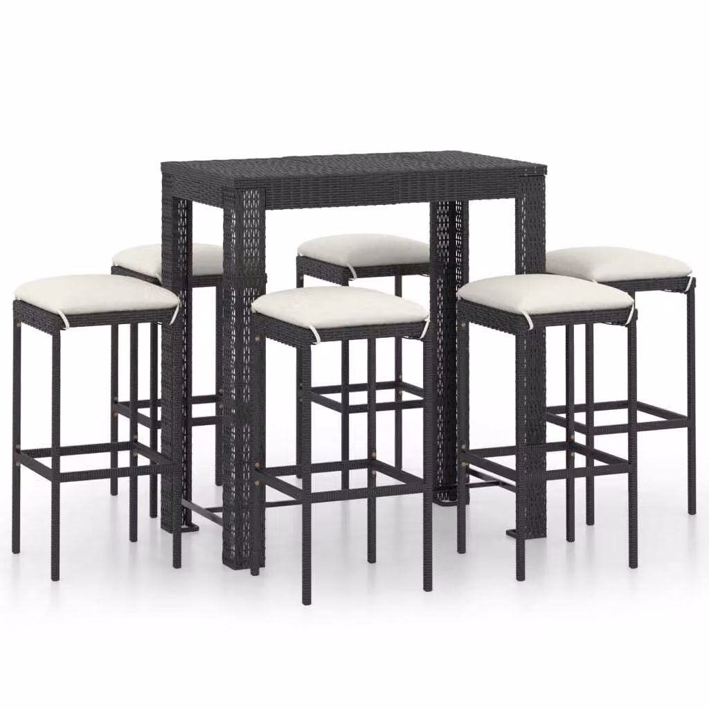Set Bar da Giardino 7 pz con Cuscini in Polyrattan Nero