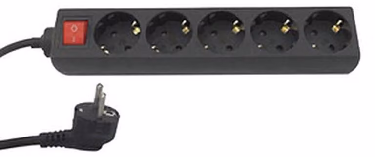 Presa multipla con 5 prese, cavo incluso, e interruttore nero lungo 1,5 metri. Codice prodotto: Id