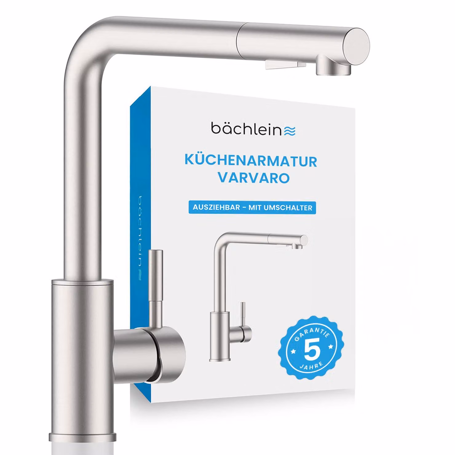 Rubinetto da cucina Bächlein girevole a 360 gradi - acciaio inox spazzolato - Miscelatore monocomando per lavello in acciaio inox con tubo estraibile e spruzzatore
