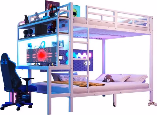 Letto a castello 140×200 cm con LED; USB; scrivania; ripiani; scala e sponda; senza materasso