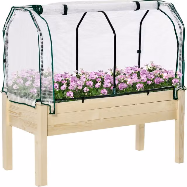 Letto per orto in cassetta con serra da giardino Outsunny in legno e PE marrone per fiori e verdure – 1