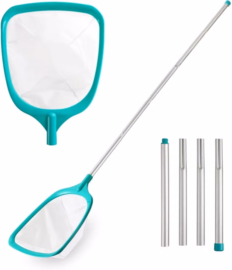 Retino filtrante per skimmer di piscina, a maglia fine, 160 cm, con 4 aste in alluminio, per la pulizia della piscina