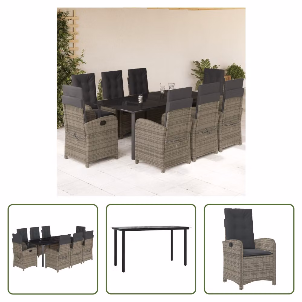 The Living Store Set da pranzo da giardino 9 pezzi con cuscini in poly rattan grigio