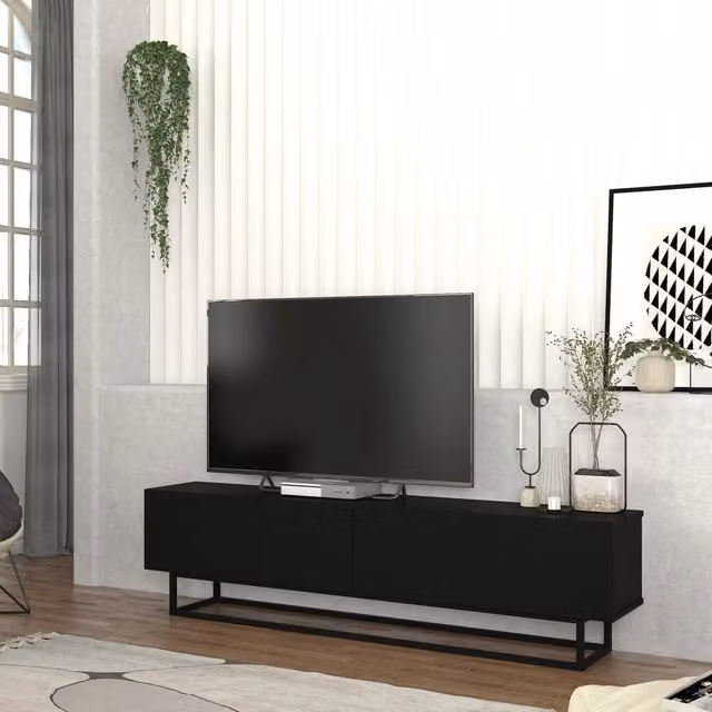 Mobile Porta TV Nolven a 2 Ante Ribalta e Telaio in Metallo 180x32x47 cm - Nero [en.casa]