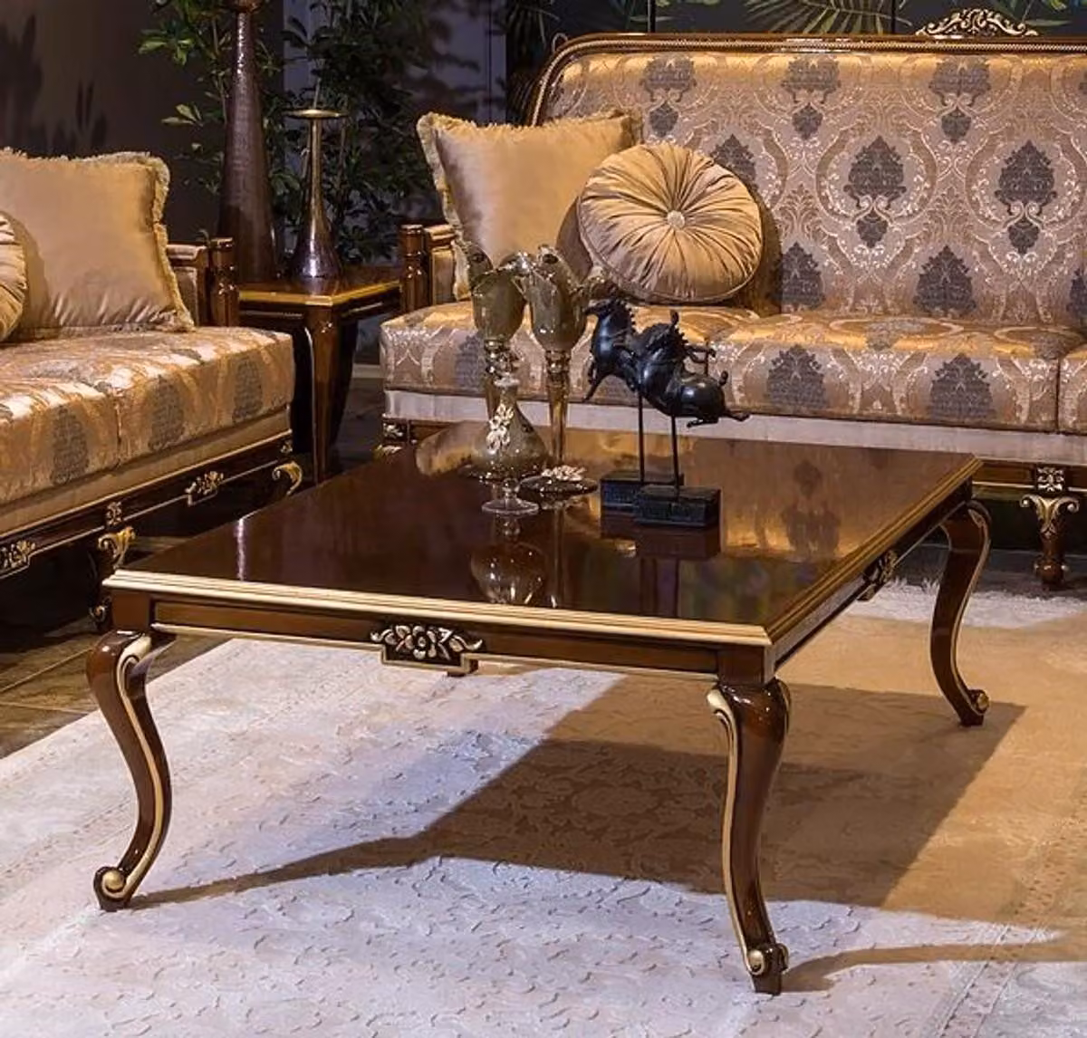 Casa Padrino tavolino barocco marrone/oro 129 x 94 x h. 46 cm - Elegante tavolino da salotto in legno massello - Mobili da salotto barocchi