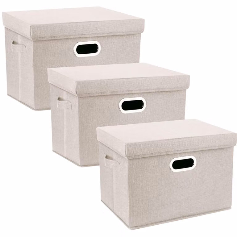 Omgoods - Contenitore di stoccaggio grande con coperchio, set da 3, color beige