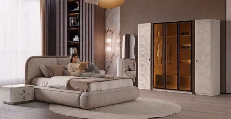 Set per camera da letto: letto, armadio, comodino, specchio, colore beige, stile moderno e