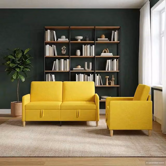 Set di Divani Moderni vidaXL con Contenitore e Seduta Sollevabile, 2 Pezzi (Divano a 3 Posti e Poltrona), Tessuto Giallo e Marrone – 1