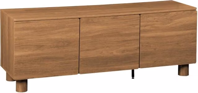 Mobile TV moderno SWEEEK in effetto legno di nocciolo marrone con 3 ante e dettagli in metallo L: 140 cm, P: 40 cm, H: 53 cm