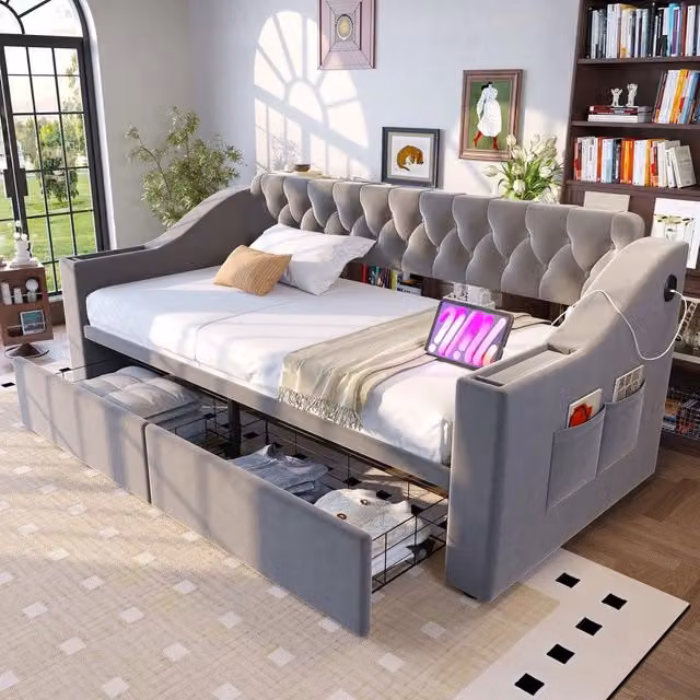 Letto Imbottito Singolo con Cassetto e USB ¨C MINIMAL ¨C Velluto Grigio Chiaro 90x190