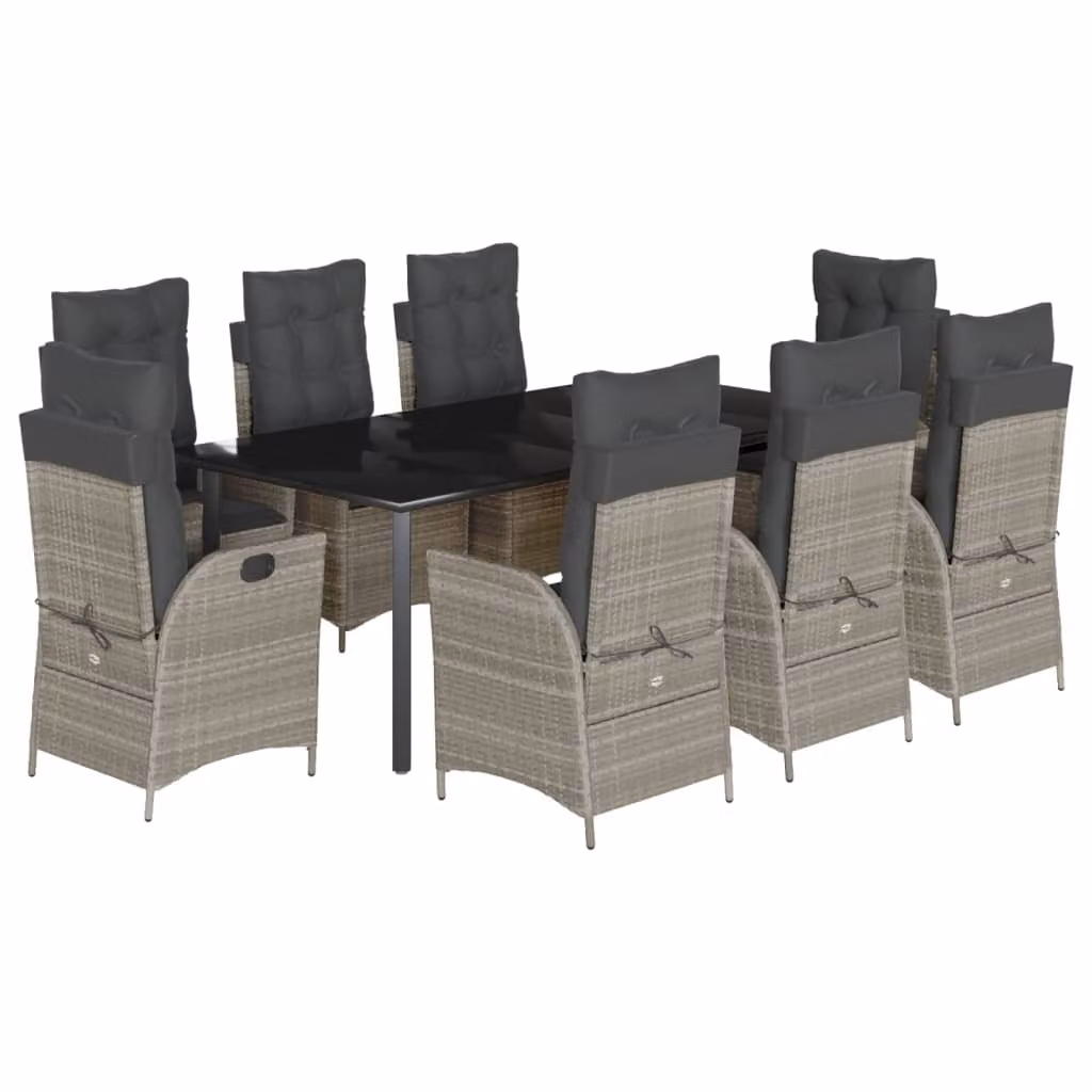 Set Pranzo da Giardino 9pz con Cuscini Grigio Chiaro Polyrattan