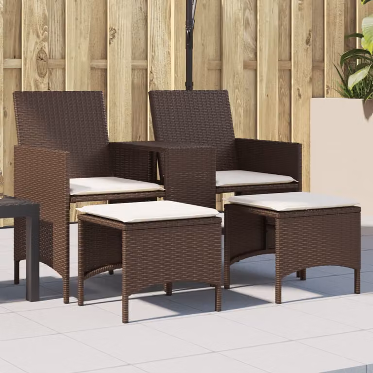 Set da giardino vidaXL composto da divano da esterno a 2 posti, tavolino da caffè e pouf con cuscini in tessuto resistente ai raggi UV, colore marrone e bianco