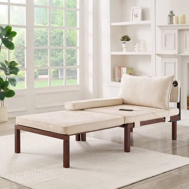 Divano letto pieghevole 2 in 1 WISHDOR in velluto beige con porta USB e Type-C e struttura in legno massello