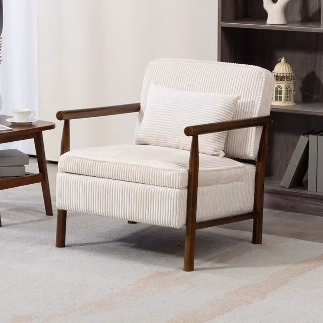 Poltrona con vano contenitore REDOM in velluto bianco con struttura in legno massello L: 70,5 cm, P: 62 cm, H: 33 cm
