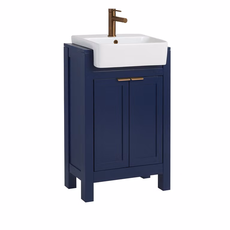 Mobile Bagno Blu Marino da 550mm con Lavabo e Maniglia Moderna con Impugnatura a Dito in Rame Satinato - Warwick