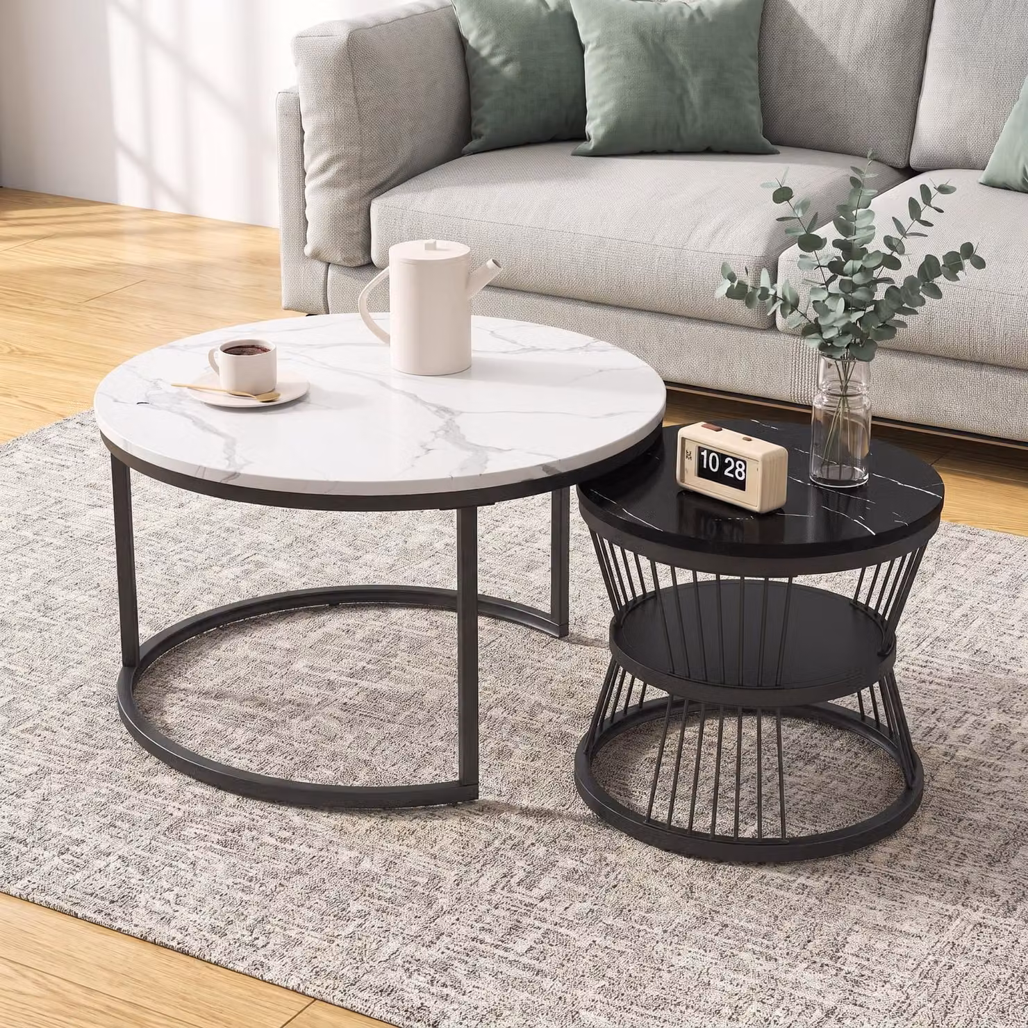 INONEFT, set da 2 tavolini rotondi, design moderno, tavolino da caffè in legno, ideale per balcone, ufficio, struttura in metallo, tavolino con spazio contenitivo, nero e bianco