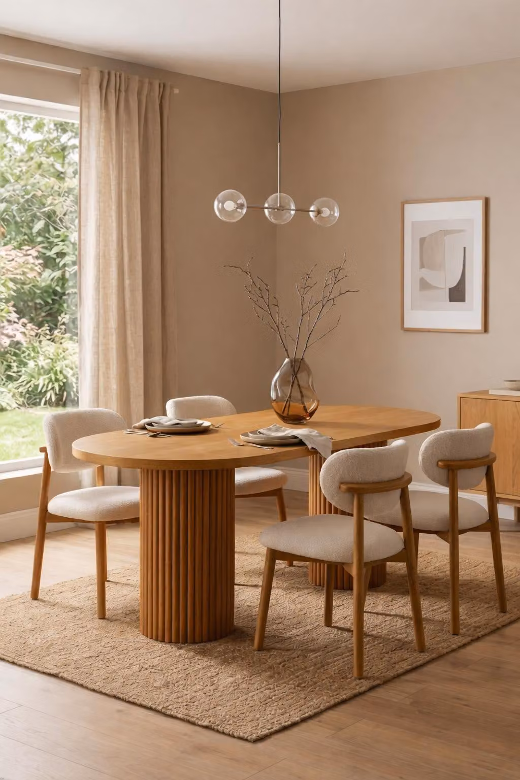 Elegante set da pranzo marrone: tavolo da pranzo in legno, sedie, mobili da sala da pranzo