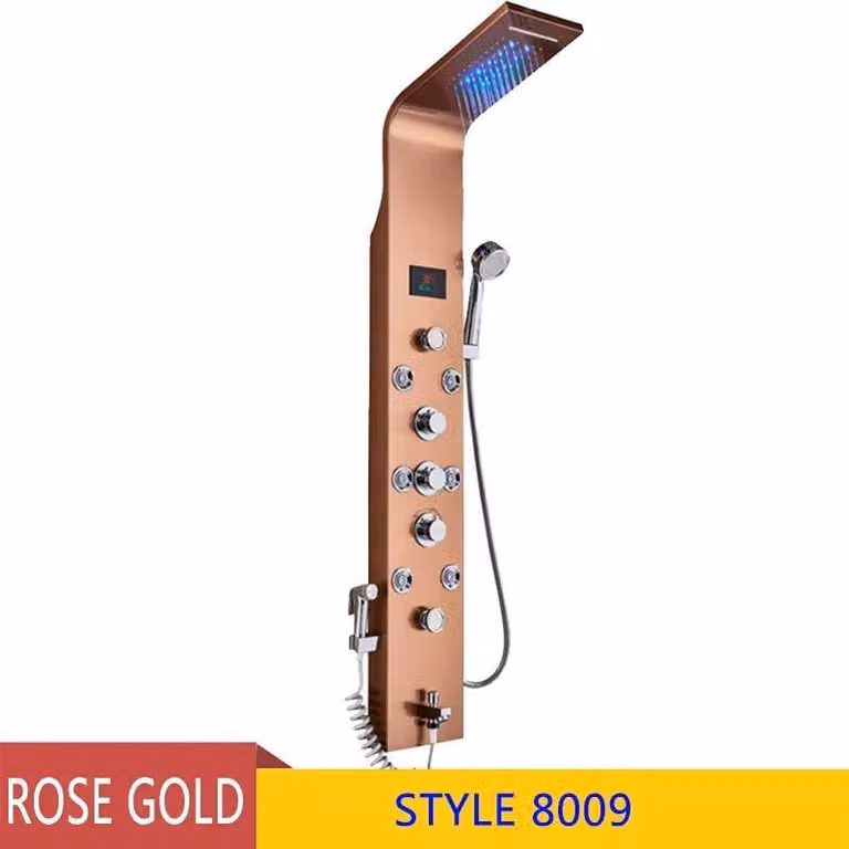 Pannello doccia - Modello 8009 - Acciaio inossidabile 304 - Spazzolato - LED alimentati ad acqua - Caldo/freddo con 3 maniglie - Soffione da 20 cm - Oro rosa