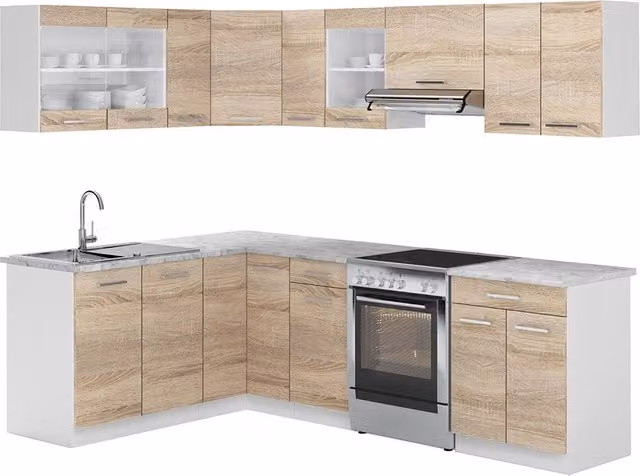 Cucina ad angolo R-Line Sonoma/Bianco 247 x 167 cm, PL Marmo Vicco