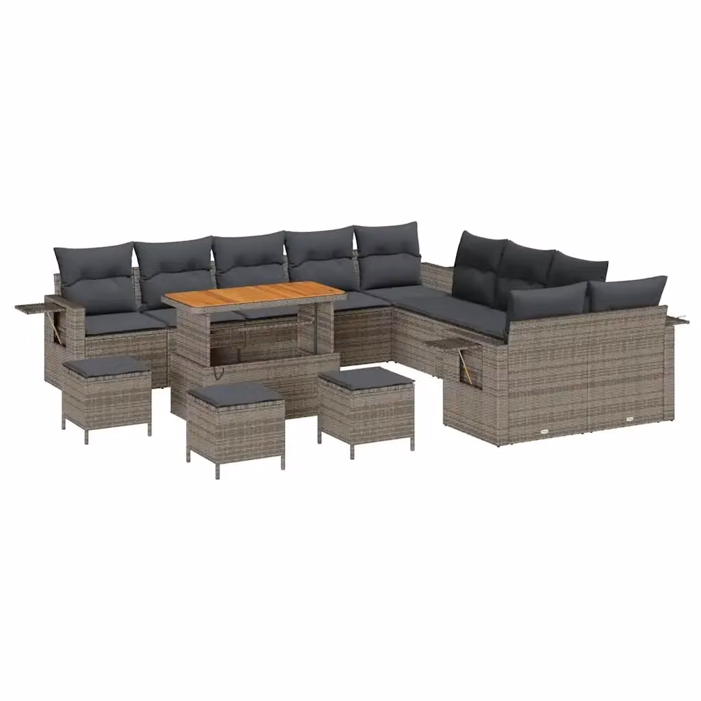 Set Divano da Giardino vidaXL a Forma a U in Polyrattan Grigio con 14 Pezzi, Tavolino e Cuscini Inclusi – 2