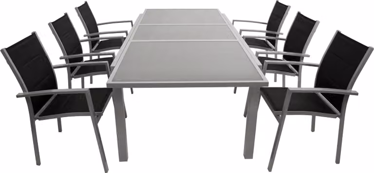 Set da giardino DEGAMO PISA, 7 pezzi, alluminio argento + tessuto sintetico nero, 6 poltrone impilabili, 1 tavolo allungabile 180/240 x 100 cm