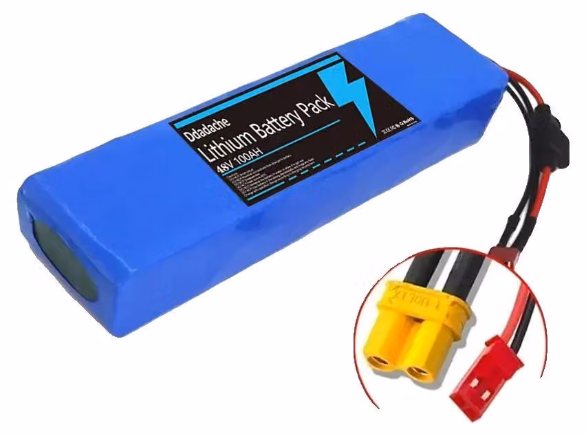 Batteria agli ioni di litio, alta capacità 100000 mAh, configurazione 48V, connettori XT30-JST