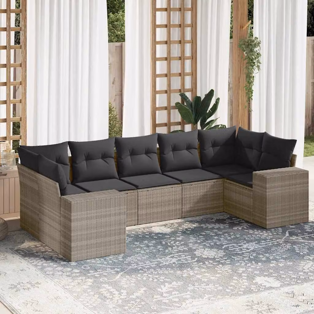 vidaXL Set Divani da Giardino a L 7pz in Polyrattan con Cuscini Grigio Chiaro – 1