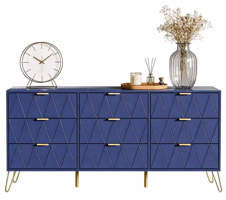 Comodino con 9 cassetti, dimensioni 150x34x74 cm, colore blu scuro, realizzato in MDF