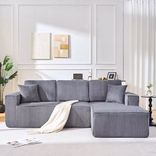 Divano angolare in velluto costato - Xylo - 2 posti + chaise longue, schiuma ad alta densit¨¤, grigio