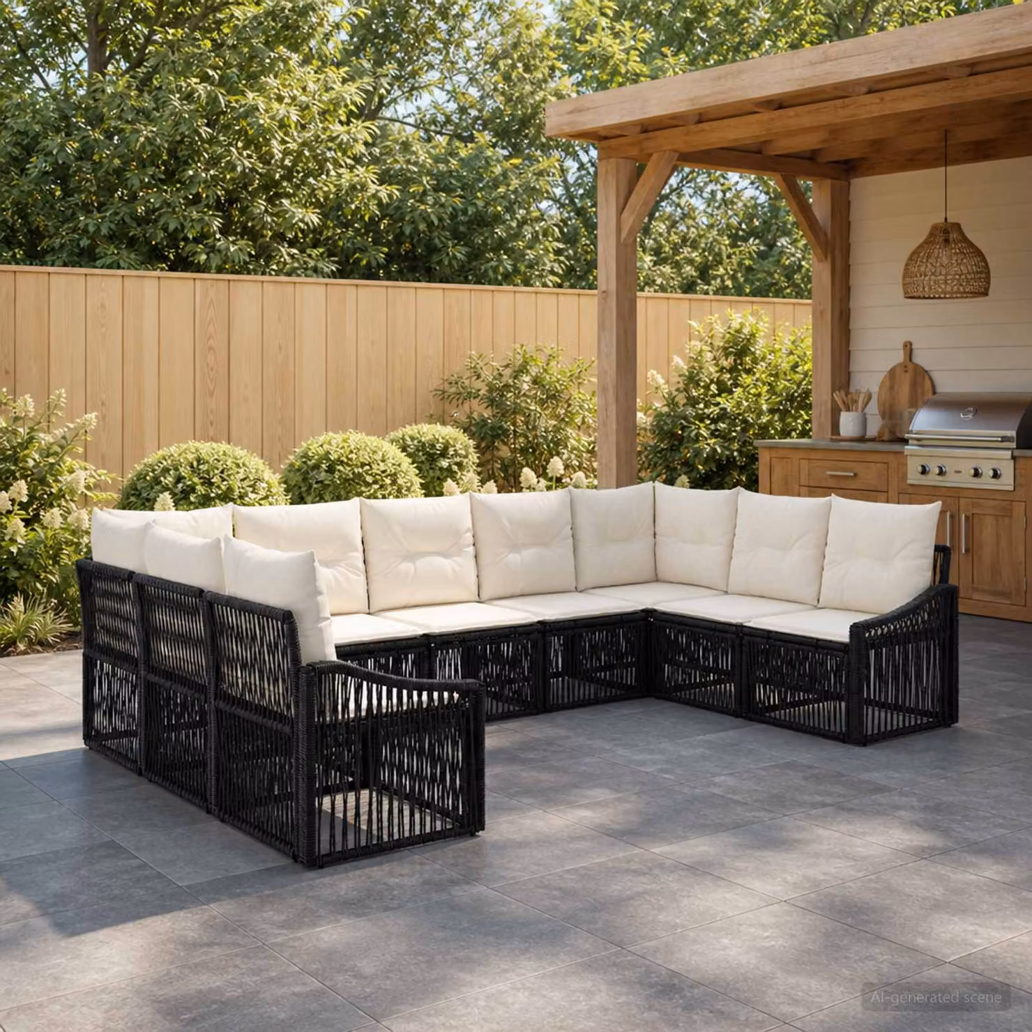 Set Divano da Giardino vidaXL 9 pz Nero con Cuscini e Struttura in Metallo e Polyrattan a Forma a U