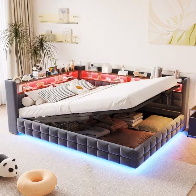 Letto divano 140 × 200 cm con vano idraulico, LED a colori, mensole, presa, USB e Type-C, senza materasso