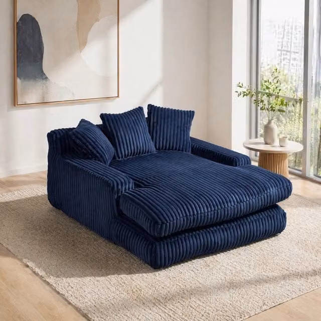 Poltrona chaise longue Mivray in velluto a coste blu con cuscini, design moderno a L per soggiorno, camera da letto o studio, L/P/H: 155 x 125 x 63 cm