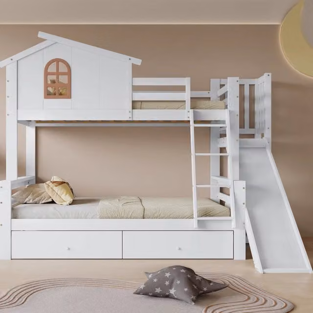 Letto a castello con scivolo e cassettoni in legno massello e MDF 90x200 e 120x200 cm