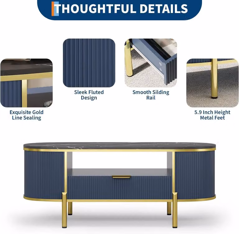 Tavolino ovale con superficie scanalata - Tavolino da caffè moderno, 122 cm - 2 ripiani con spazio contenitivo - Struttura in legno - Colore blu