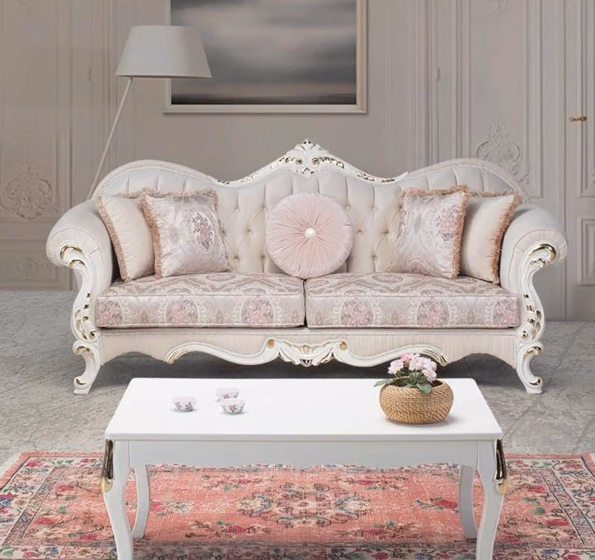 Casa Padrino tavolino barocco bianco/oro 91 x 63 x h. 42 cm - Tavolo da salotto in legno massiccio in stile barocco - Mobili da salotto barocchi