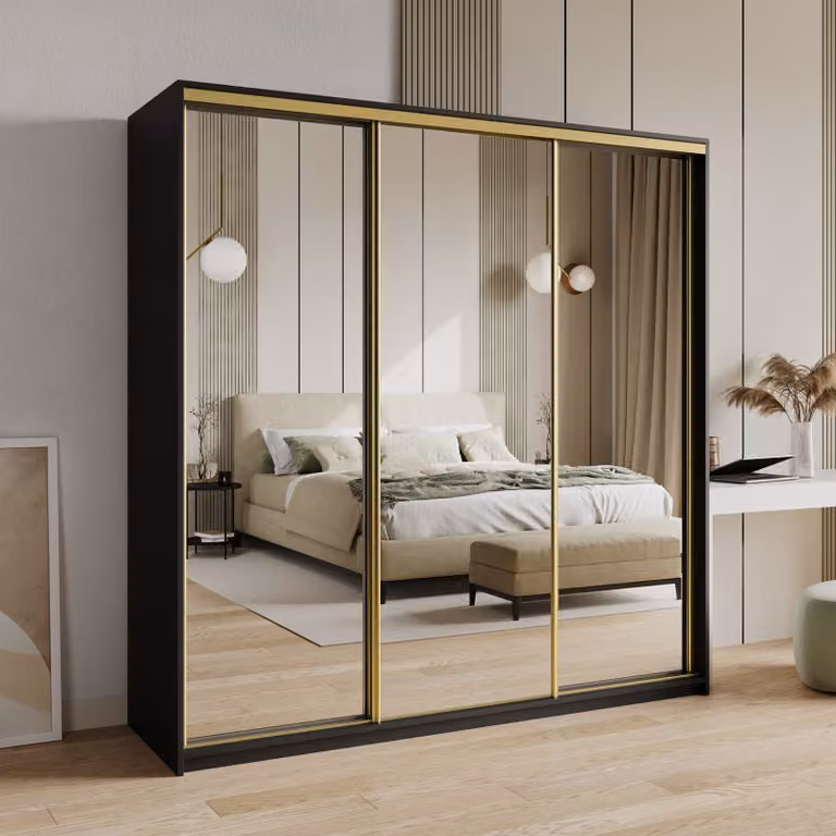 Armadio scorrevole Masseno RIEN 200/205/60 cm Armadio con cassetti Armadio per camera da letto a 3 ante con specchio Nero + Oro