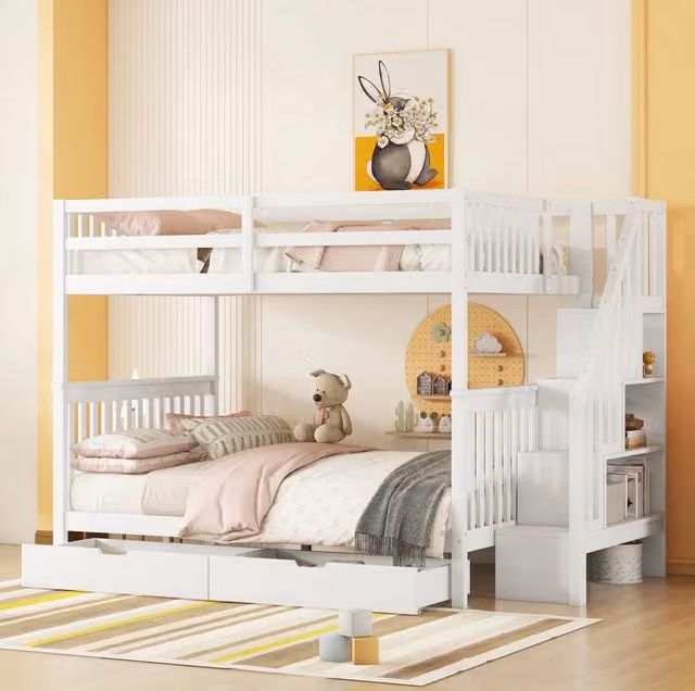 Letto a castello MODFU per bambini in pino e MDF bianco con scala contenitore e 2 cassetti L/P/H: 140 x 200 cm
