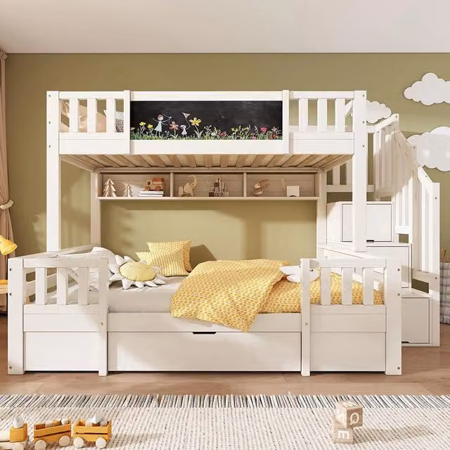 Letto a castello-Xylo-90+140x200cm lavagna scala 2 tiroir legno massiccio bianco