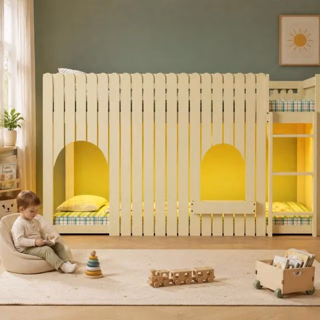 Letto a soppalco per bambini 90 × 200 cm con LED multicolore, scala a 3 gradini e ripiani, senza materasso