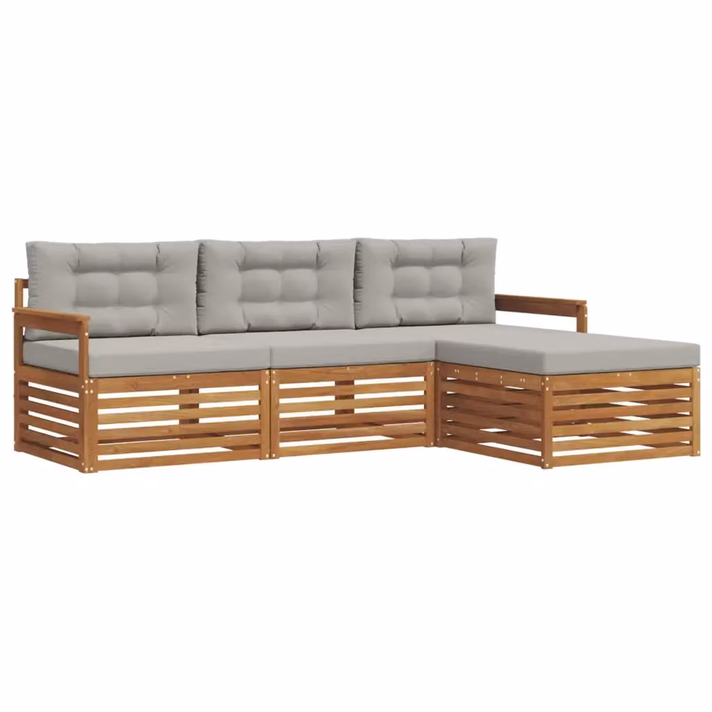 Set di divani da esterno a L vidaXL in legno di acacia con pouf e cuscini, Beige e Grigio – 2