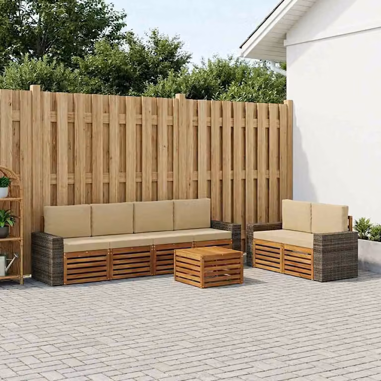 Set di divani da esterno vidaXL 7 pz in legno di acacia con tavolo da caffè e cuscini, colore beige e sabbia
